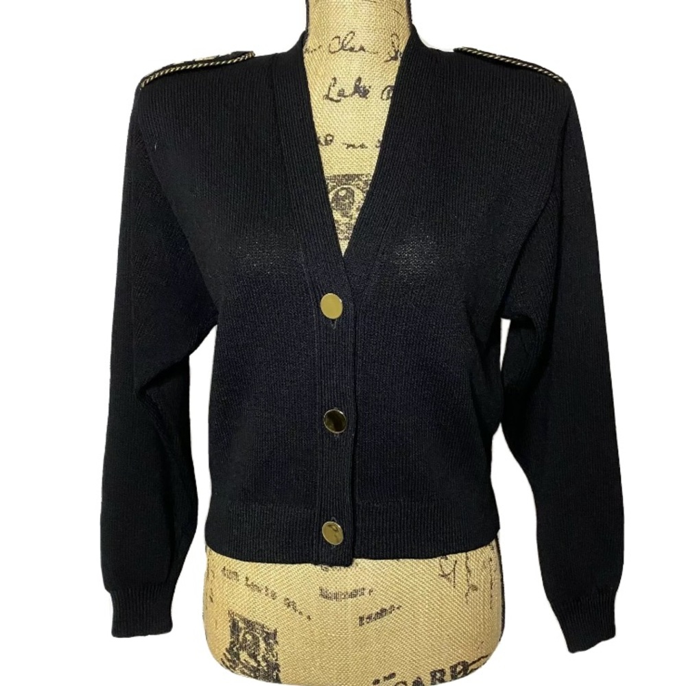 St. John Black Gold Wool Blend Button Up Cardigan Sweater